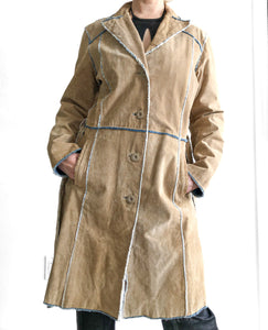 Y2k Suede Trench Coat with Denim Fringe, Beige Suede MIDI Length Jacket With Belt
