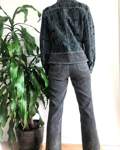 Vintage 90s Grey Corduroy Flared Pant Set, and Unique Denim Jacket by YUK KA Clothing