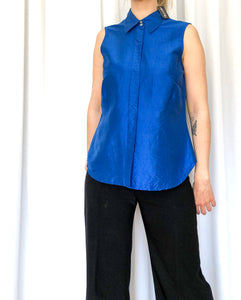 Vintage Iridescent Silk Royal Blue Blouse, Button Up Shiny Sleeveless Top